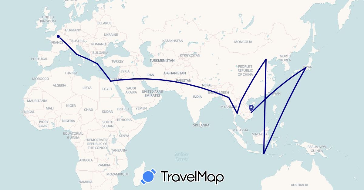 TravelMap itinerary: driving in China, Egypt, France, Greece, Indonesia, Italy, Jordan, Japan, Laos, Myanmar (Burma), Thailand, Vietnam (Africa, Asia, Europe)